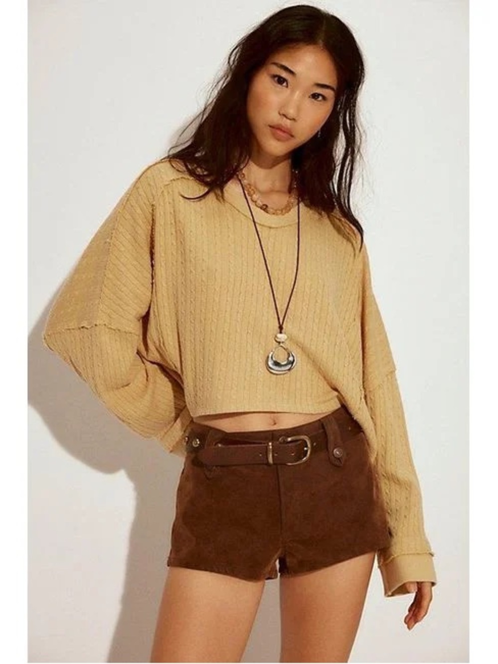 We The Free Wilson Long Sleeve Cable Knit Top Large Cropped Oversized Yellow